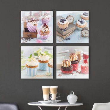 Glass print 4 parts - Vintage Cupcakes with topping