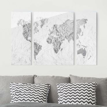 Glass print 3 parts - Paper World Map White Grey