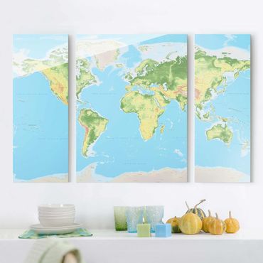 Glass print 3 parts - Physical World Map