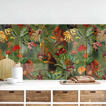 Kitchen wall cladding - Tropical Flowers With Monkeys