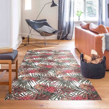 Vinyl Floor Mat - Red Pineapple With Palm Leaves Tropical - Landscape Format 3:2