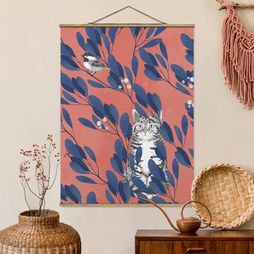 Fabric print with poster hangers - Illustration Cat And Bird On Branch Blue Red