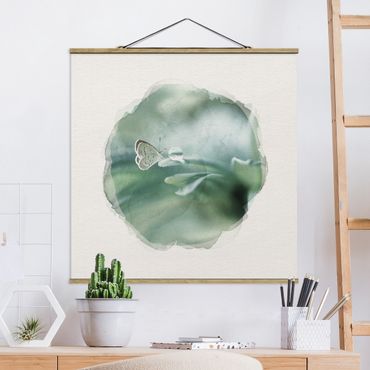 Fabric print with poster hangers - WaterColours - Butterfly And Dew Drops In Pastel Green
