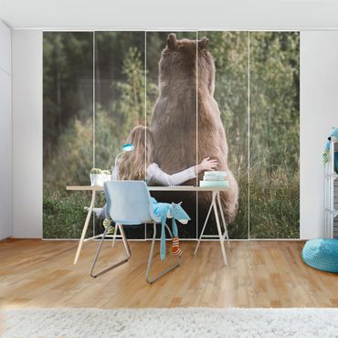 Sliding panel curtains set - Girl With Brown Bear