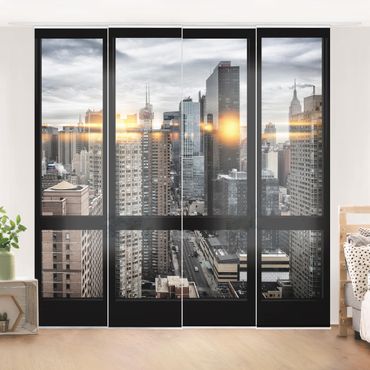 Sliding panel curtains set - Windows Overlooking New York With Sun Reflection