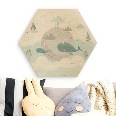 Wooden hexagon - Clouds With Whale And Castle