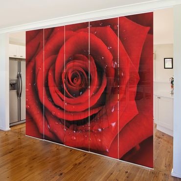 Sliding panel curtains set - Red Rose With Water Drops