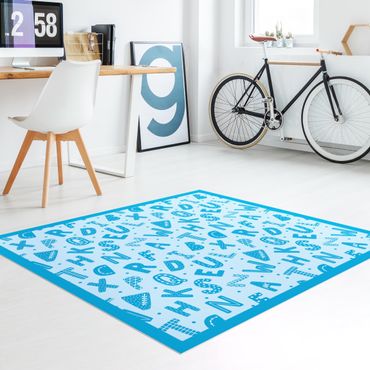 Vinyl Floor Mat - Alphabet With Hearts And Dots In Blue With Frame - Square Format 1:1