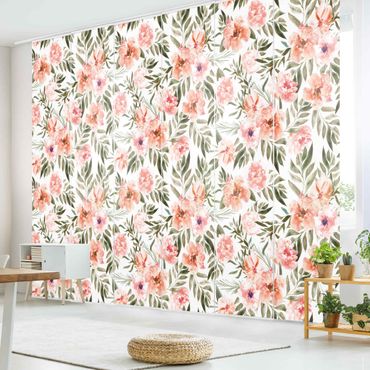 Sliding panel curtain - Watercolour Pink Flowers In Front Of White
