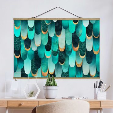 Fabric print with poster hangers - Feathers Gold Turquoise