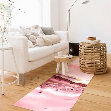 Vinyl Floor Mat - Abstract Mountains Pink With Golden Lines - Portrait Format 1:2