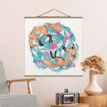 Fabric print with poster hangers - Illustration Foxes And Waves Painting
