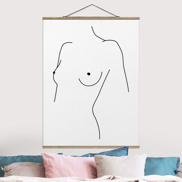 Fabric print with poster hangers - Line Art Nude Bust Woman Black And White