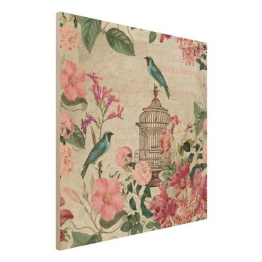 Print on wood - Shabby Chic Collage - Pink Flowers And Blue Birds