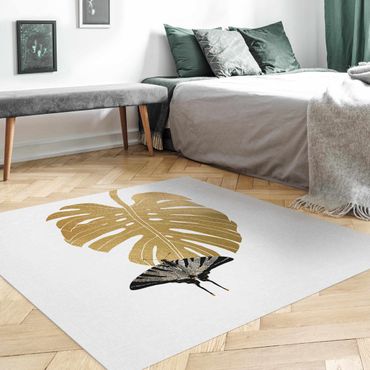 Vinyl Floor Mat - Golden Monstera With Butterfly - Square Format 1:1