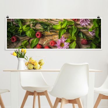 Panoramic poster kitchen - Flowers Raspberries Mint