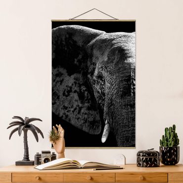 Fabric print with poster hangers - African Elephant black and white