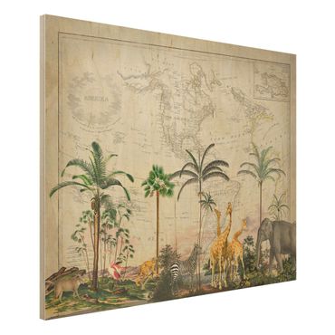 Print on wood - Vintage Collage - Wildlife On World Map