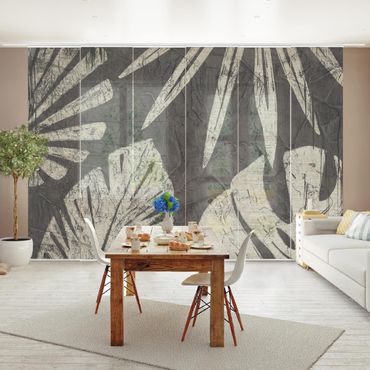 Sliding panel curtains set - Palm Leaves Dark Grey Backdrop