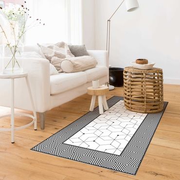 Vinyl Floor Mat - Geometrical Tiles Dotted Lines Black And White With Border - Portrait Format 1:2
