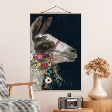 Fabric print with poster hangers - Lama With Floral Decoration I