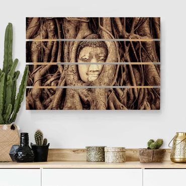 Print on wood - Buddha In Ayutthaya Lined From Tree Roots In Brown
