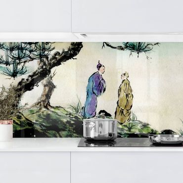 Kitchen wall cladding - Japanese Watercolour Drawing Pine And Mountain Village