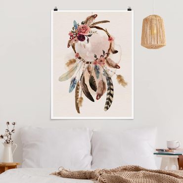 Poster spiritual - Dream Catcher With Roses And Feathers