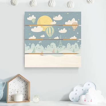 Print on wood - Paris With Stars And Hot Air Balloon