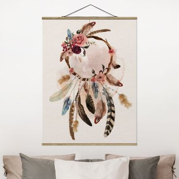 Fabric print with poster hangers - Dream Catcher With Roses And Feathers