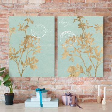 Print on canvas - Golden Leaves On Turquoise Set I