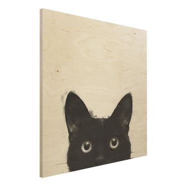 Print on wood - Illustration Black Cat On White Painting