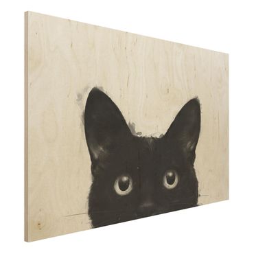 Print on wood - Illustration Black Cat On White Painting