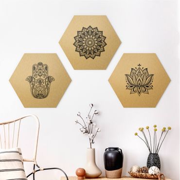 Alu-Dibond hexagon - Mandala Hamsa Hand Lotus Set On White