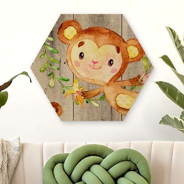 Hexagon Picture Wood - Watercolor Monkey On Wood
