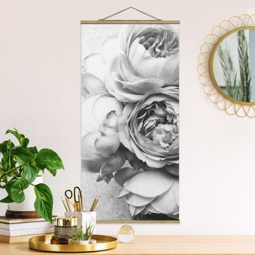 Fabric print with poster hangers - Peony Flowers Black White