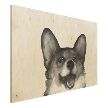 Print on wood - Illustration Dog Corgi Black And White Painting