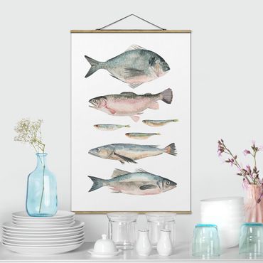 Fabric print with poster hangers - Seven Fish In Watercolour II