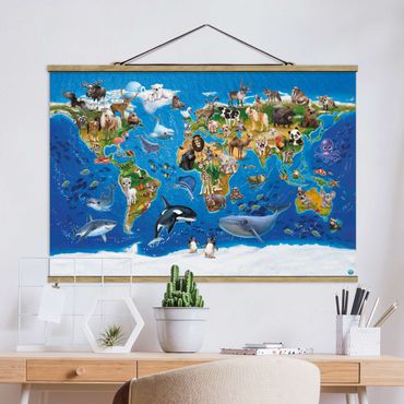 Fabric print with poster hangers - Animal Club International - World Map With Animals
