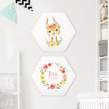 Alu-Dibond hexagon - Watercolour Forest Animals Flowers With Desired Name