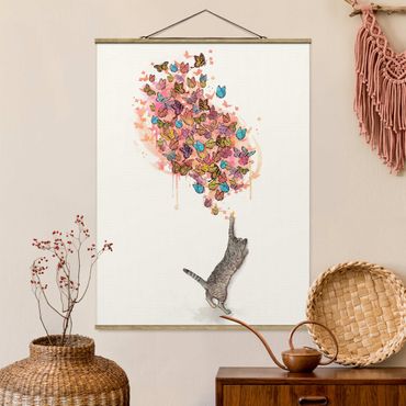 Fabric print with poster hangers - Illustration Cat With Colourful Butterflies Painting