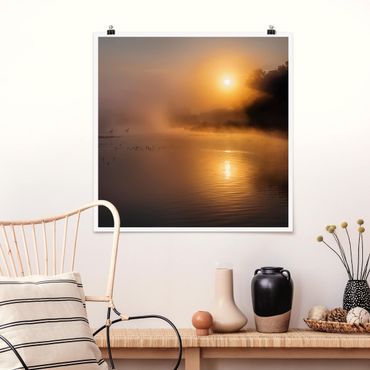 Poster - Sunrise on the lake with deers in the fog