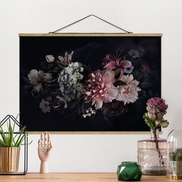 Fabric print with poster hangers - Flowers With Fog On Black