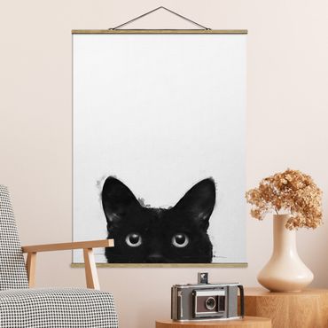 Fabric print with poster hangers - Illustration Black Cat On White Painting