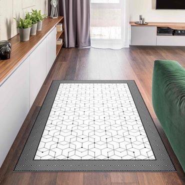 Vinyl Floor Mat - Geometrical Tiles Dotted Lines Black And White With Border - Portrait Format 2:3