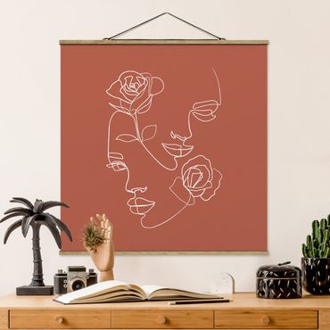 Fabric print with poster hangers - Line Art Faces Women Roses Copper