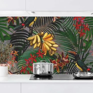 Kitchen wall cladding - Tropical Ferns With Tucan Green