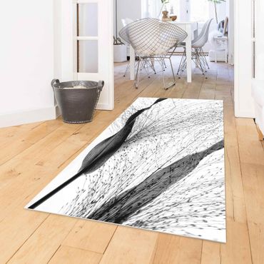 Vinyl Floor Mat - Delicate Reed With Subtle Buds Black And White - Landscape Format 2:1