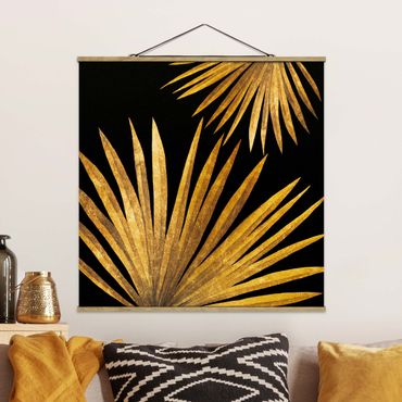 Fabric print with poster hangers - Gold - Palm Leaf On Black