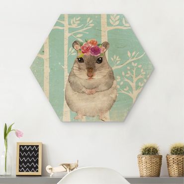 Hexagon Picture Wood - Watercolor Hamster Turquoise